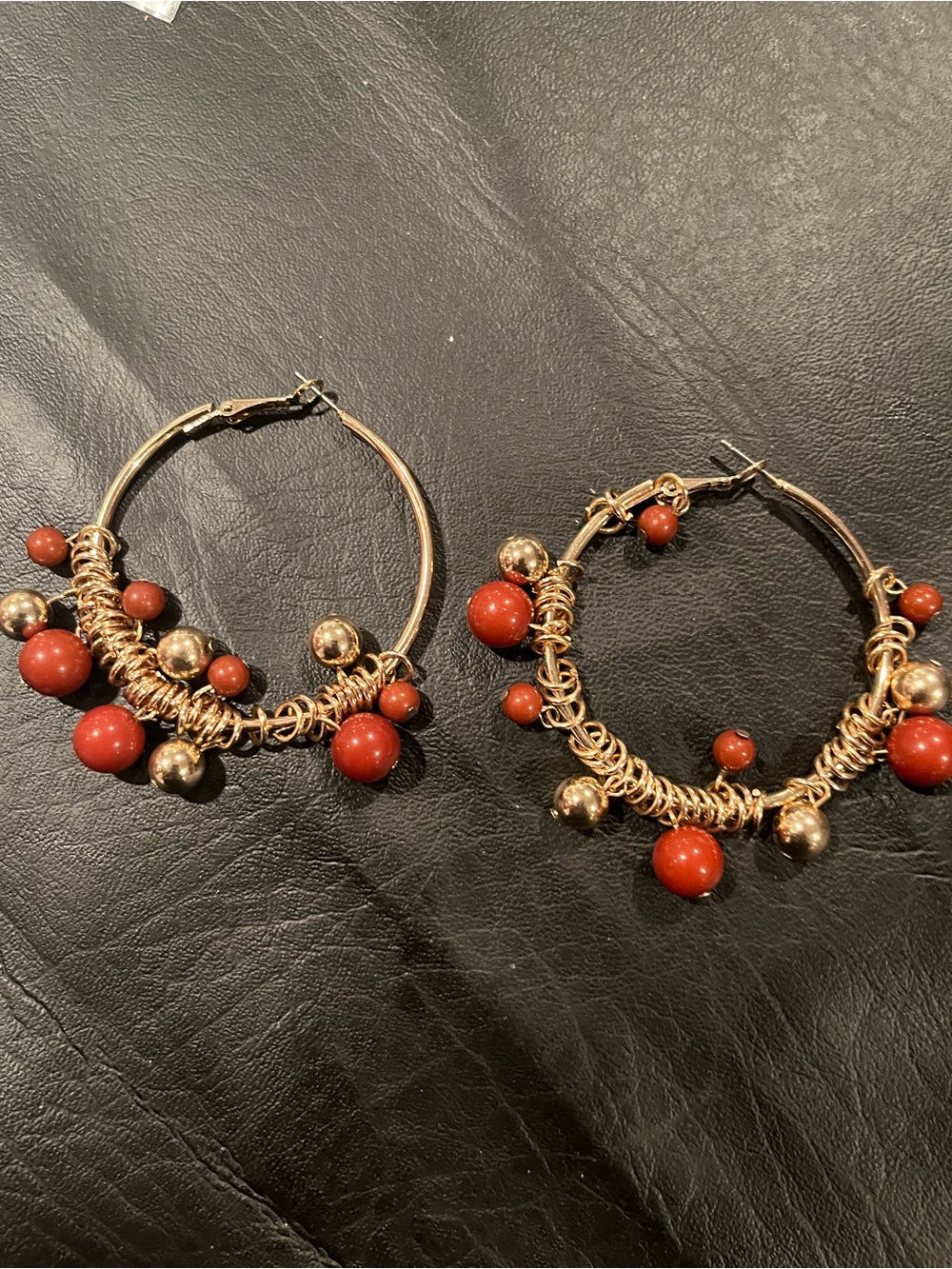 Gold Hoop Earrings with Red Bead Charms